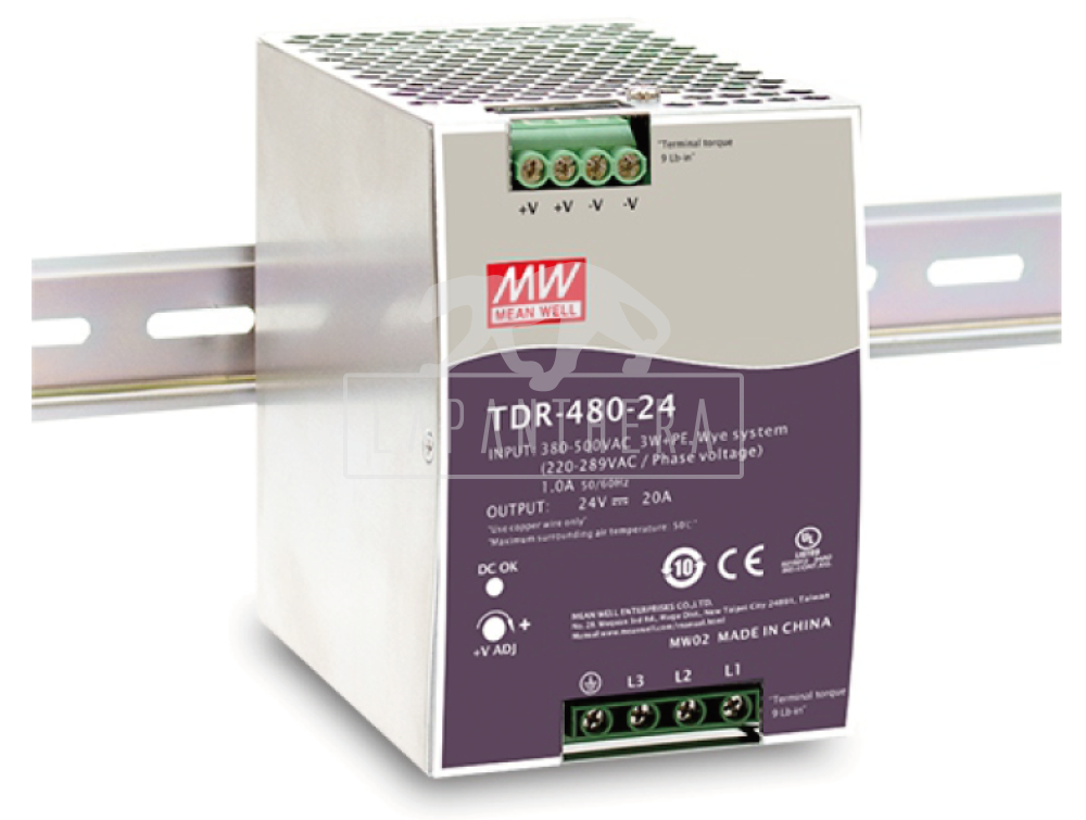 Mean Well TDR-480-24 ~ DIN sínes tápegység; 480W; 24VDC; háromfázisú